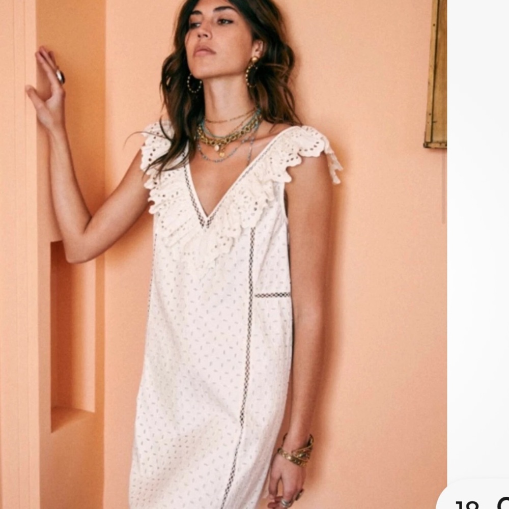 Sezane Martie Mini Dress Cotton Eyelet Ruffle Lace